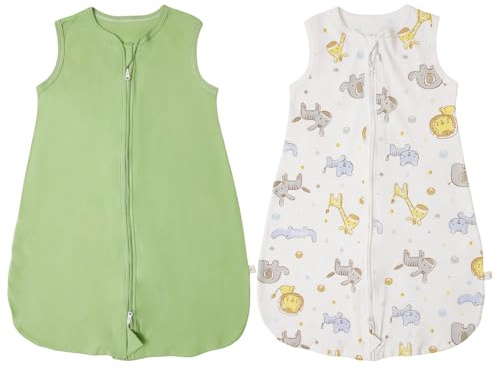 RUIOMII 2er Pack Schlafsack Baby 0-6 Monate, Weicher Baumwoll Sommerschlafsack Baby 0.5 Tog mit Reißverschluss, tragbare Decke für Kleinkinder, Löwen, Hirsche und Grün