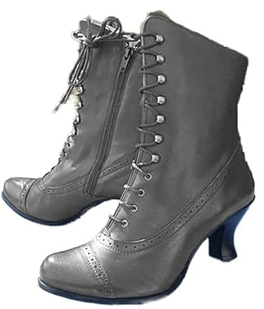 Botas victorianas vintage de los años 70 con cordones, botines de tacón medio, botines de bruja y abuelas, zapatos de disfraz de media pantorrilla, tacón cónico, cremallera lateral, ajuste ancho