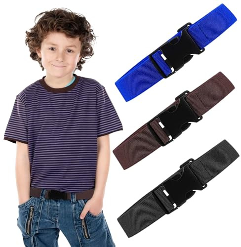 Tweozek 3 Pieces Kids Belt, Children’s Elasticated Belt with Plastic Clip Buckle, No Metal Buckle Adjustable Stretch Belts, Quick Release Durable Belts for Girls and Boys (Blue, Black, Brown)