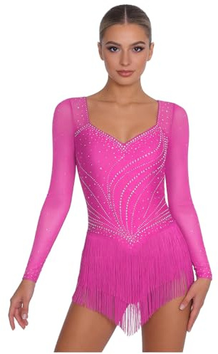 Linyuir Abito da Ballo Latino da Donna Abito Ballo Lirico Moderno Donna Salsa Gonna Corta per Rumba Manica Lunga Vestito Ballroom Festa del Prom Rosa Scuro S
