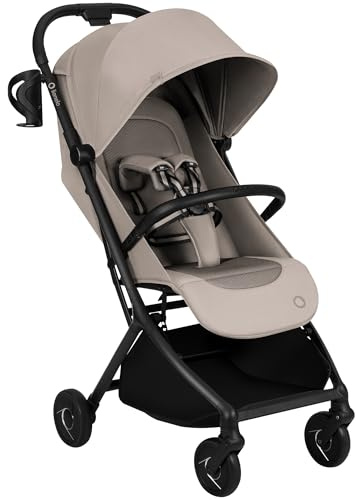 Lionelo Sia Resebarnvagn (6 mån–4 år) upp till 22 kg – Ultralätt 5,9 kg & Kompakt, Enhandstyrd, Punkteringsfria Hjul med Fjädring, UPF50+ Vattentät Sufflett, Står Ihopfälld, Myggnät Mugghållare, Beige | Ryggstöd, XXL UPF50+ Kappa, Dämpande Hjul, Magnetiskt bälte, Självbärande stängning, Dri-Seat