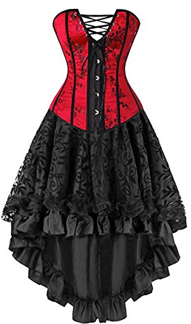 Kelvry Femme Sexy Bustier Serre-Taille Lacets Corset Gothique Minceur Lingerie et Steampunk Robe avec Jupe