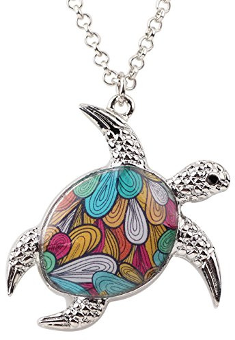 BONSNY Collier avec pendentif en forme de tortue de mer à fleurs en émail pour femmes, filles et enfants - Bijoux de charme à la mode et cadeaux, 38mm x 41mm, Pas de gemme