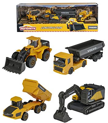 Majorette – Volvo Baustellenfahrzeuge 4er Geschenkset – Bagger, Radlader, Kipplaster, Knicklenker, Spielzeugautos aus Metall, für Kinder ab 3 Jahren, Schwarz/Gelb