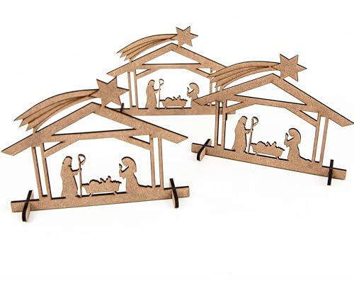 Logbuch-Verlag 3 Mini-Weihnachtskrippen aus Holz zum Stecken – flach & leicht versendbar – 12,5 x 9,5 cm – Weihnachtsdeko & Geschenkidee für Kollegen, Kunden, Familie