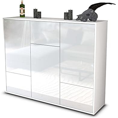 Stil.Zeit Highboard Kommode Mira, Korpus Weiss matt, Front Hochglanz-Design Weiß (136x108x35cm), Push-to-Open Technik & Leichtlaufschienen