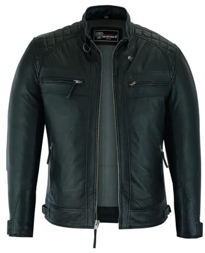 Vance Leather' Men's Cafe Racer Gatsby Black Waxed Lambskin Motorcycle Leather Jacket (Large, Black)