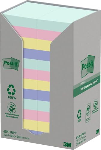 Post-it Recycling Notes, Assortierte Farben, Packung mit 24 Blöcken, 100 Blatt pro Block, 38 mm x 51 mm, Farben: Grün, Pink, Gelb, Blau - Selbstklebende Notizzettel aus 100% Recyclingpapier