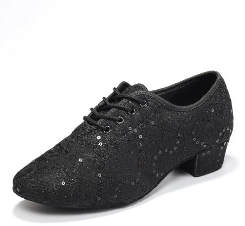 RUYBOZRY Scarpe da Ballo Latino Donna con Lacci Pratica Scarpe da Allenamento per Balli da Tango da Ballo con Tacco Basso,LPWMMD-Black-ZBMD-3,EU37