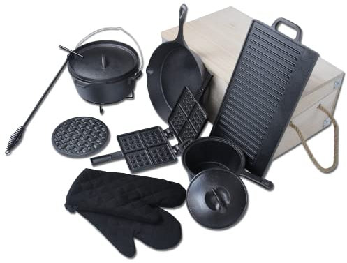 Froadp Set de Poêles Hollandais Dutch Oven Set Casserole en Fonte Inclus Poêle à Frire Plat de Cuisson au Four Crochet à Main etc, Marmite à Griller pour Indoor Outdoor BBQ Camping (10 Pièces)