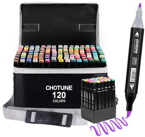 CHOTUNE Alkohol Marker Set, 120 Farben Weiche Bürste und Fein Doppelte Spitze Sketch Zeichenmarker, Einfaches Mischen zum Skizzieren und Illustrieren mit Schwarzer Handtasche und Basis