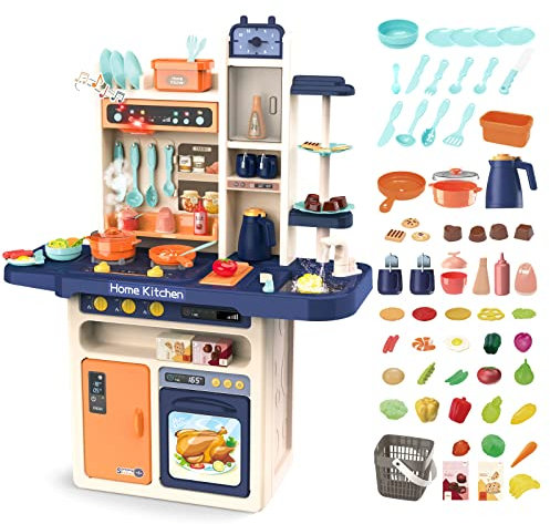 deAO Kinderküche Spielküche mit Licht, Dampf, Wasser, Kinder-Küchenspielset mit Küchenzubehör Herd Spüle Backofen Essen Küche Spielzeug, Chef Dinner Play Besteck Set Pädagogisches Spielzeug (Blau)