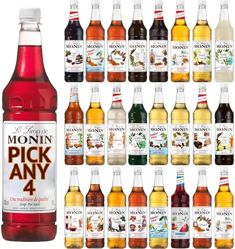 Monin 1L (1000ML) Syrup for Coffee & Drinks. Pick Any 4 Bottles from 23+ Flavours Inc. Salted Caramel, Hazelnut, Strawberry, Vanilla, Chocolate Cookie,Gingerbread, Honeycomb and More