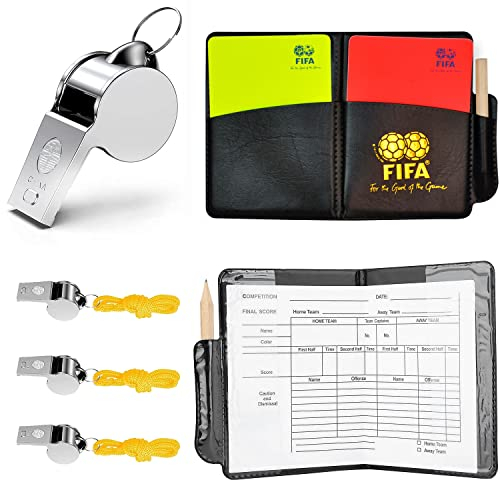 Txeouse Schiedsrichter Set, Sport Schiedsrichter Karten Set mit 3 Metall Schiedsrichter Pfeife, Fußball-Schiedsrichter-Set inkl. Spielnotizen,Kugelschreiber,Disziplinarkarten