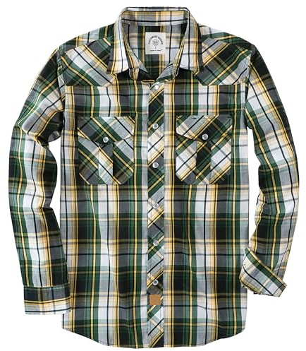 Dubinik Pearl Snap Shirts för män - Långärmad Western Vintage Rutiga tröjor, Gul mörkgrön, XL