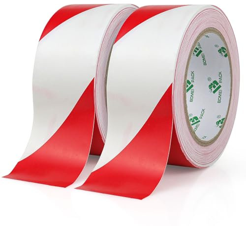 BOMEI PACK 2 Rollen 50mmx33m Selbstklebend Warnband Sicherheitsmarkierung Absperrband,Boden Markierungsband Rot und Weiß zur Markierung gefährlicher Bereiche
