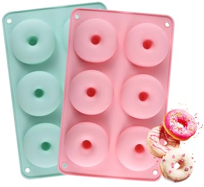 AIBAOBAO 2 Stück Donuts Backform Silikon, Antihaft Lebensmittelecht, 6 Hohlräume, Hitzebeständig von -40 bis 230 Grad, für Donuts, Kekse, Bagels und Muffins,Grün und Rosa