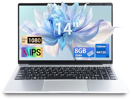 LONGEVINCE 14 Zoll Laptop, 8GB DDR4 Ultrabook Laptop, 1920x1080 IPS, Celeron N4120 Quad Core Laptop (bis zu 2,6 GHz), USB 3.0, ultradünnes Notebook (Silber, 8+960G SSD)