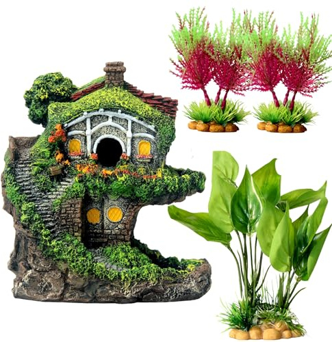 RVQIGYP Fish Tank Decoration 4-Piece Set, Aquarium Landscaping Ornaments, Hobbit House Fish Tank Sculpture, Aquarium Simulation Aquatic Plants + Simulation Green Rot Decoration,Small Fish shelter