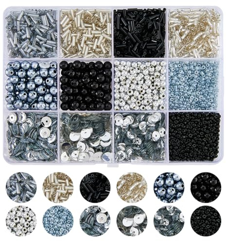 DICOSMETIC 108G Assorted Glass Round Bugle Beads and Sequins Kit - Imitation Pearl, Tube, Pony Beads, Loose Sequins for Jewelry Making, Silver