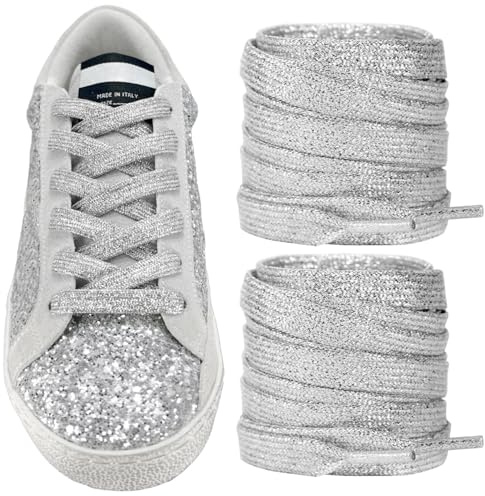 UamGlsob Lacci Scarpe Glitter Scintillanti Metallizzati per Ginnastica Golden Goose, 8mm Piatti con Brillantini Stringhe Per Sneakers GG (Silver,54Inch/140cm)