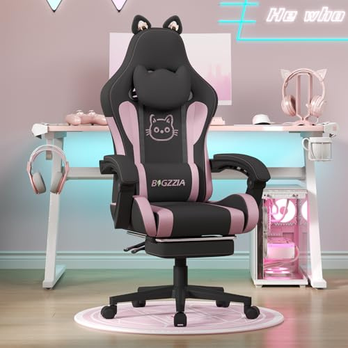 bigzzia Gaming Chair Cute with Cat Ears and Massage Lumbar Support, Ergonomic Computer Chair for Girl with Footrest and Headrest (Black and Pink)