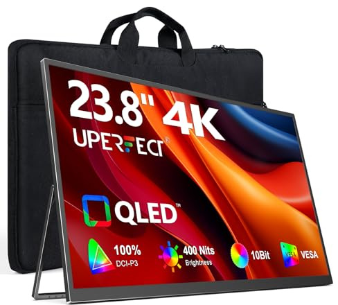 UPERFECT Tragbarer Monitor 4K 23.8 QLED | 400 Nits 24“ Großbildschirm | 3840 * 2160 UHD 100% DCI-P3 | 1MS FreeSync | USB-C & HDMI | VESA & Ständer | Zweiter Bildschirm für Laptop, PC, Spielkonsolen