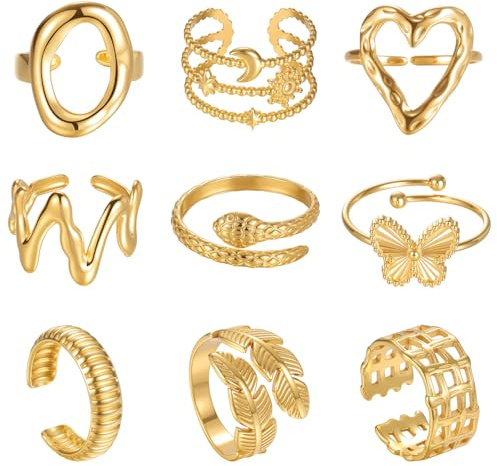 TIZU 9 Piezas Oro Anillos Mujer Acero Inoxidable en Oro de 18K Ajustables Apilables Juego de Anillos para Mujer Niña