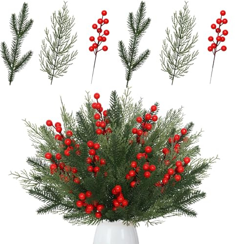 ASTNIC Rametti di Pino per Decorazioni, 40 Pezzi Rami Abete con Bacche Rosse Rami Natalizi, Rami di Pino Artificiale di Natale per Natale Decorazioni, Oggetti Decorativi per la Casa, Vasi Decorativi