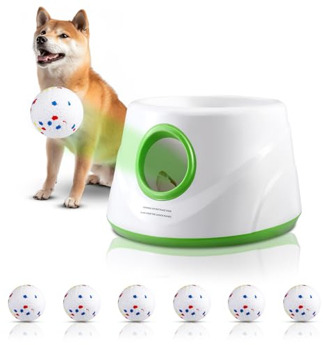 Automatic Dog Ball Launcher with 6 Tennis Balls, Dog Ball Thrower for Small & Medium Dogs, 3 Adjustable Distance 16-49FT, Interactive Dog Toy Ball Throwing Machine for Indoor/Outdoor