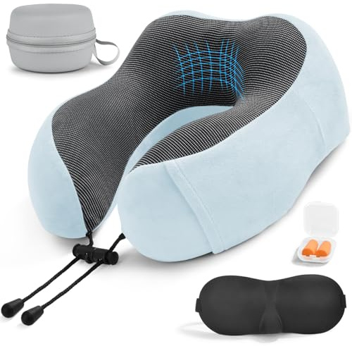 RUACDIQ Cuscino da Viaggio, Cuscino da Viaggio Memory Foam, Cuscino Cervicale da Viaggio con Maschera per Dormir, Tappi auricolari, Borsa, Perfetto per Aereo, Auto e Treno(Blu)