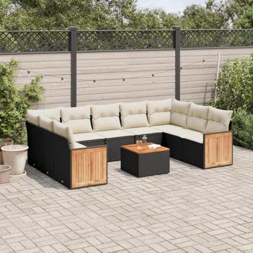 Teenpull Ensemble de 10 canapés de jardin en polyrotin noir, panneau en bois d'acacia, résistant aux UV, groupe de sièges d'extérieur modulaire pour patio, balcon