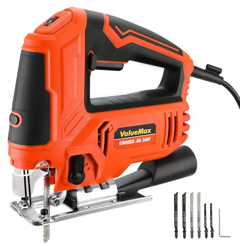 ValueMax 850W Scie Sauteuse, Vitesse réglable de 800 à 3000 SPM, 6 Vitesses, 4 Modes de Coupe, Coupe en Biseau à±45°, Fonction soufflerie, 6 Lames, Lampe LED, Idéale pour Bois, Métal et Plastique