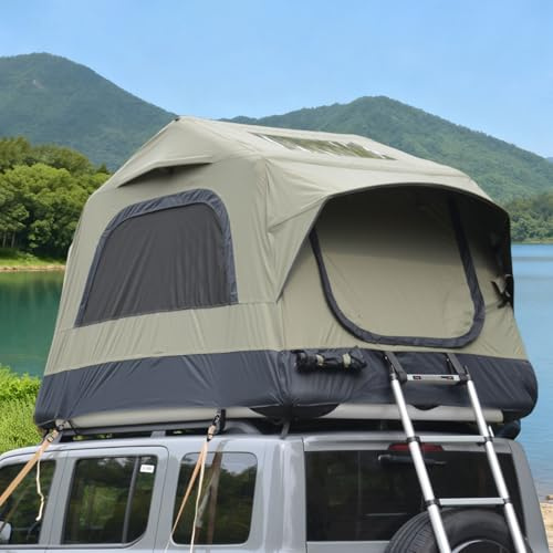 LIFEISLE Dachzelt Auto für 2-3 Personen, 220x145x140CM Dachzelt inkl Aufblasbaren Matratzen und Aluminium Leiter, Wasserfest Autodachzelt mit Handpumpe für Camping Outdoor PKW, Bus, LKW, Grün+Schwarz