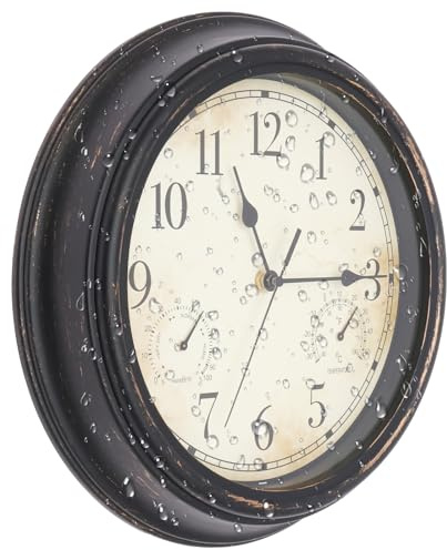 CBWERBB Outdoor Garden Wall Clock,12 Inch/30cm Waterproof Vintage Wall Clock with Thermometer And Humidity,Battery Operated Hanging Clocks for Garden Patio Pool Porch Bathroom Home Decor