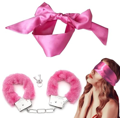 Metal Handcuffs with 2 Keys,Fluffy Handcuff Satin Eye Mask,Handcuff Prop Dress Ball Party,Handcuffs for Women Cosplay,Satin Headband for Sleeping Games,Valentine's Gift (Pink)