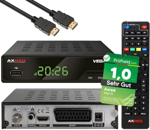 AXRED Vega X1 + cable HDMI, receptor de satélite HD con función de grabación, Full HDTV, receptor de satélite digital para antena parabólica, TV satélite, receptores HD