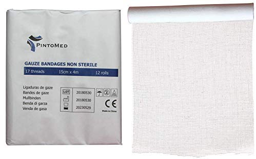 PintoMed - Benda di Garza Non Sterile - 12 rotoli - 15cm x 4m - 17 fili - bendaggi regolabili per ferite, kit di pronto soccorso medico