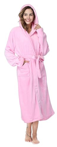 RONGTAI Womens Robes Plush Fleece Pink Hooded Bathrobe Thick Nightgown with Pockets Fluffy Sleepwear Small