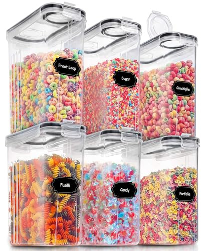 PRAKI 6 Pack Large Dry Food Storage Containers with Airtight Lids and 20 Labels and Marker (4L, Black)