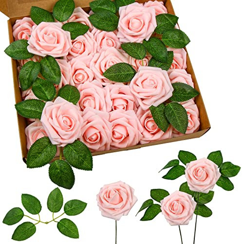 DERAYEE 25 PCS Artificial Roses, Foam Roses Flowers DIY Flower for Wedding Bridal Bouquets Home Party Garden Decorations (Pale Pink)