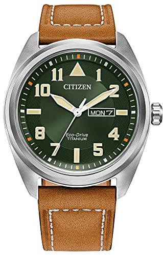 Citizen Men's Eco-Drive Weekender Garrison Field Watch in Super Titanium with Brown Leather Strap, Green Dial (Model: BM8560-02X)