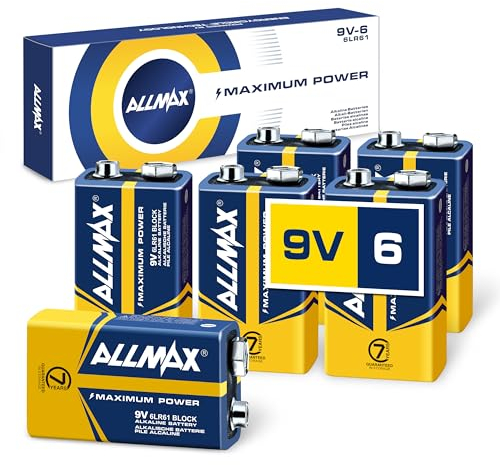 Allmax 9V Block (6LR61) Maximum Power Alkaline Batterien (6 Stück) – Ultra-Langlebigkeit, auslaufsicheres Design, 7 Jahre Haltbarkeit, maximale Leistung (9 V)