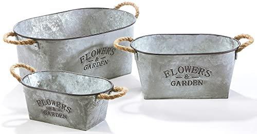 Kobolo Pflanztopf Pflanzgefäß Übertopf oval aus Metall Silber 3er Set Zinkblech Optik