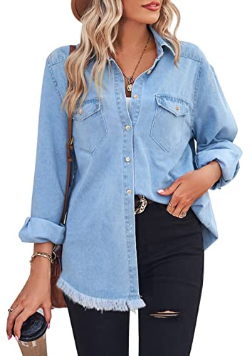 Zilcremo Women Denim Shirt Chambray Collared Jean Shirts Long Sleeve Pocket Button Down Blouses Blue S