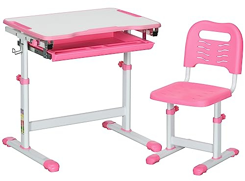 HOMCOM Kids Desk and Chair Set, Height Adjustable Student Writing Desk, Children School Study Table with Tiltable Desktop, Drawer, Pen Slot, Hook - Pink