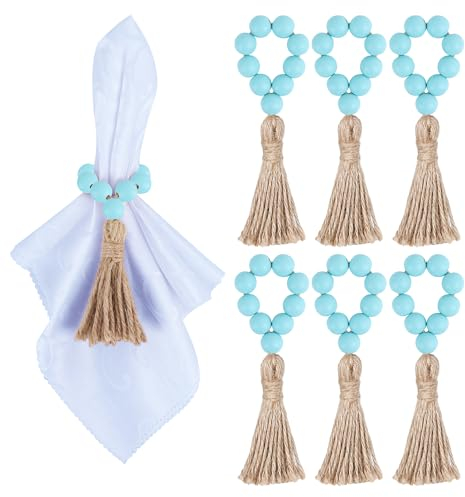 Meplait 6 portatovaglioli con perline in legno, anelli per tovagliolo elasticizzati con nappa, per tavolo da pranzo, decorazioni per matrimoni (blu)