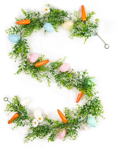 TYL&TYS 6FT Easter Lights Garland, Artificial Colored Eggs Spring Floral Vine Ornaments with Carrot Flower Easter Decorations Wreath for Holiday Party Home Tables Fireplace Indoor Outdoor Decor