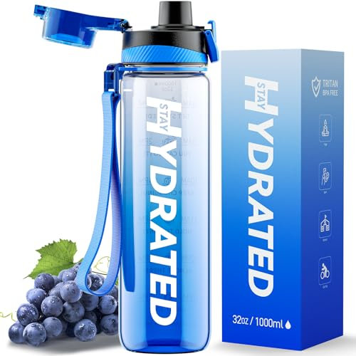 Mevoly Gourde 1L, Tritan Gourde Sport Motivation sans BPA, Transparente avec Graduée, Anti Fuite, Bouteille 1 Litre pour Camping, Randonnée, Yoga, Femme, Homme (Bleu Klein)