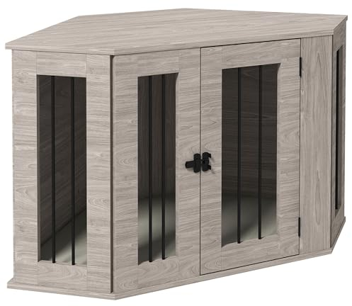 Jaula para Perros PawHut, caseta Cuadrada para Perros con cojín, caseta para Perros con Cierre de Puerta, Jaula para Perros medianos, Nogal, 104 x 55 x 63 cm